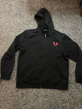 True Religion Black Full-Zip Hoodie with Pink Horseshoe Detail